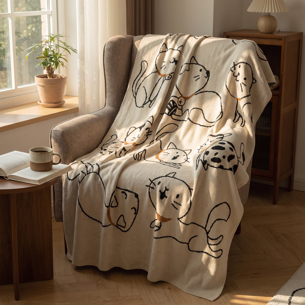 Line-Drawn Cat Jacquard Cotton Nap Blanket - lifestyle