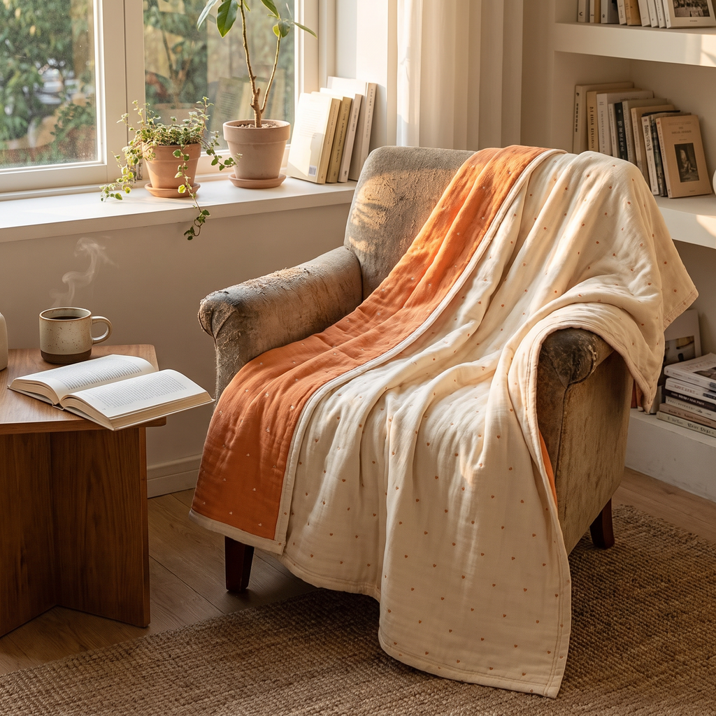 Two-Tone Heart-Stitch Cotton Gauze Blanket - lifestyle