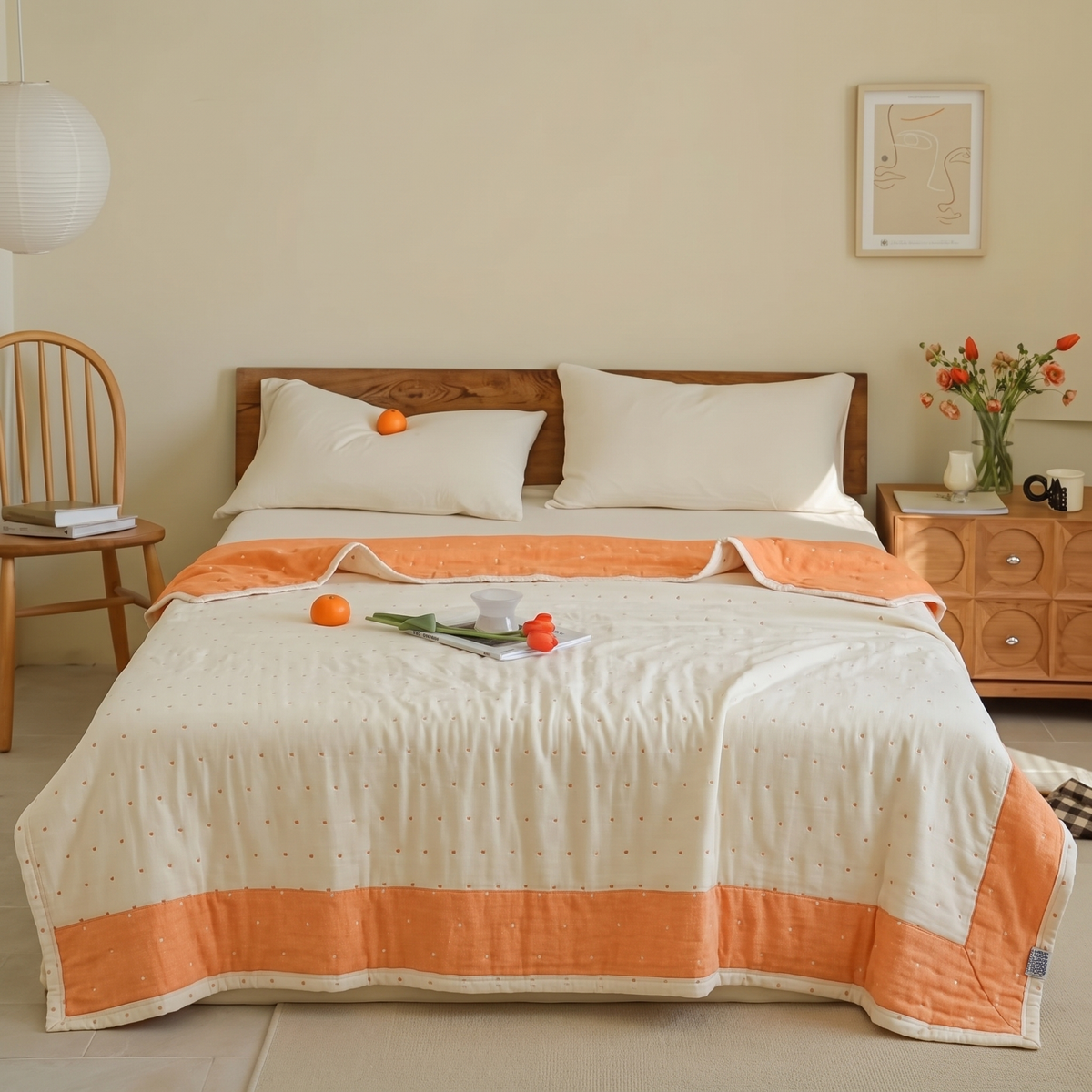 Two-Tone Heart-Stitch Cotton Gauze Blanket - lifestyle