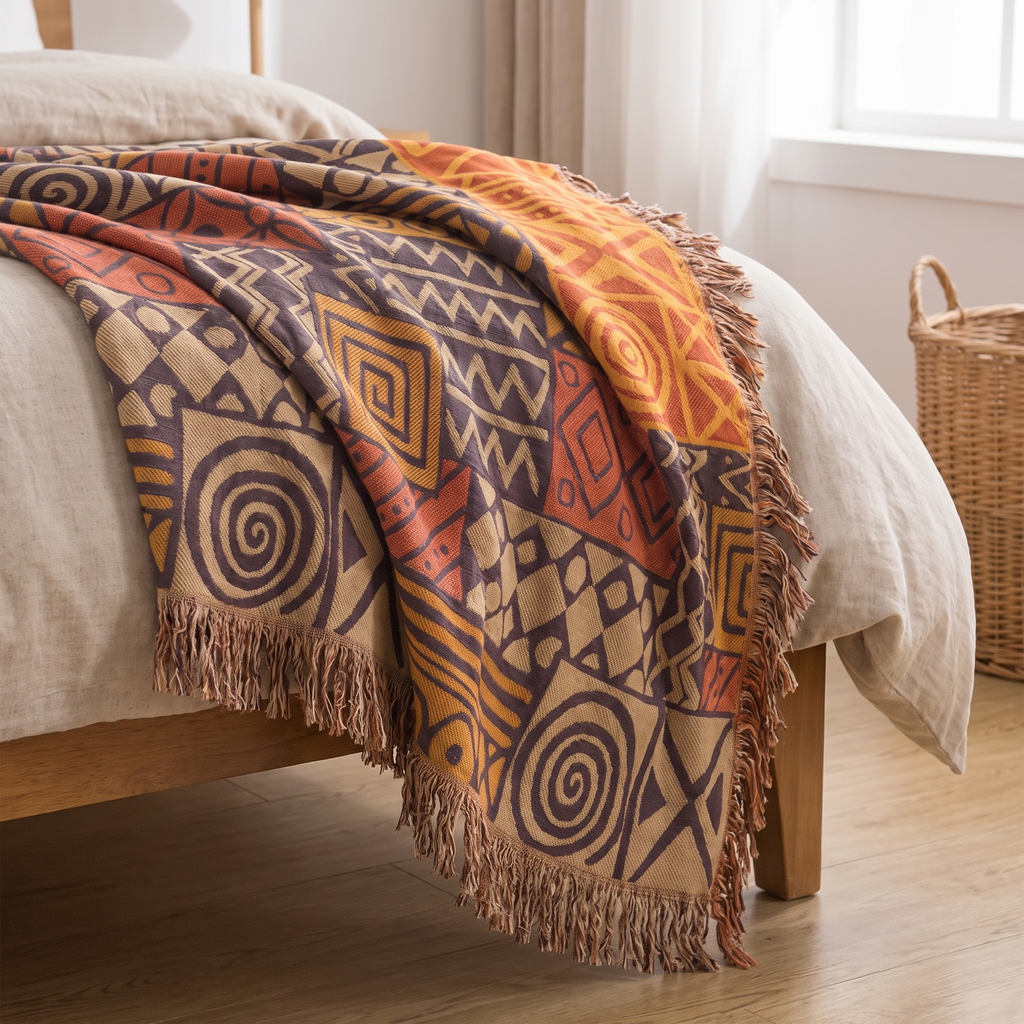 Earthy Tribal Patchwork Reversible Cotton Blanket with Tassels - lifestyle