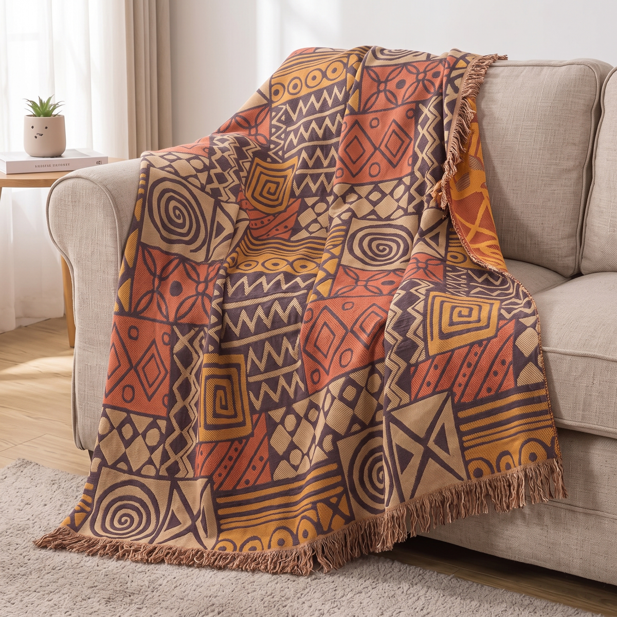 Earthy Tribal Patchwork Reversible Cotton Blanket with Tassels - lifestyle