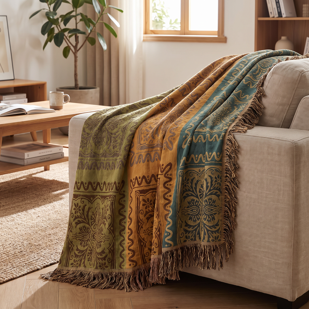 Paneled Medallion Oversized Cotton Blanket with Fringe - lifestyle