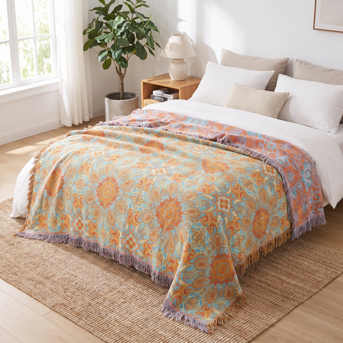 Coral & Aqua Paisley Medallion Tassel Blanket - lifestyle