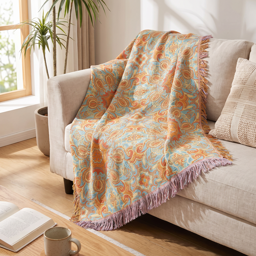 Coral & Aqua Paisley Medallion Tassel Blanket - lifestyle