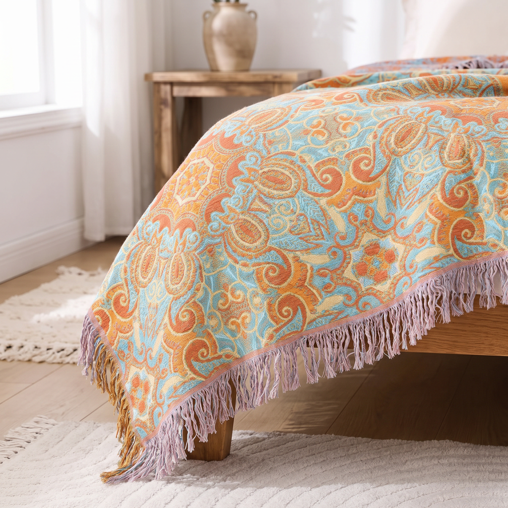 Coral & Aqua Paisley Medallion Tassel Blanket - lifestyle