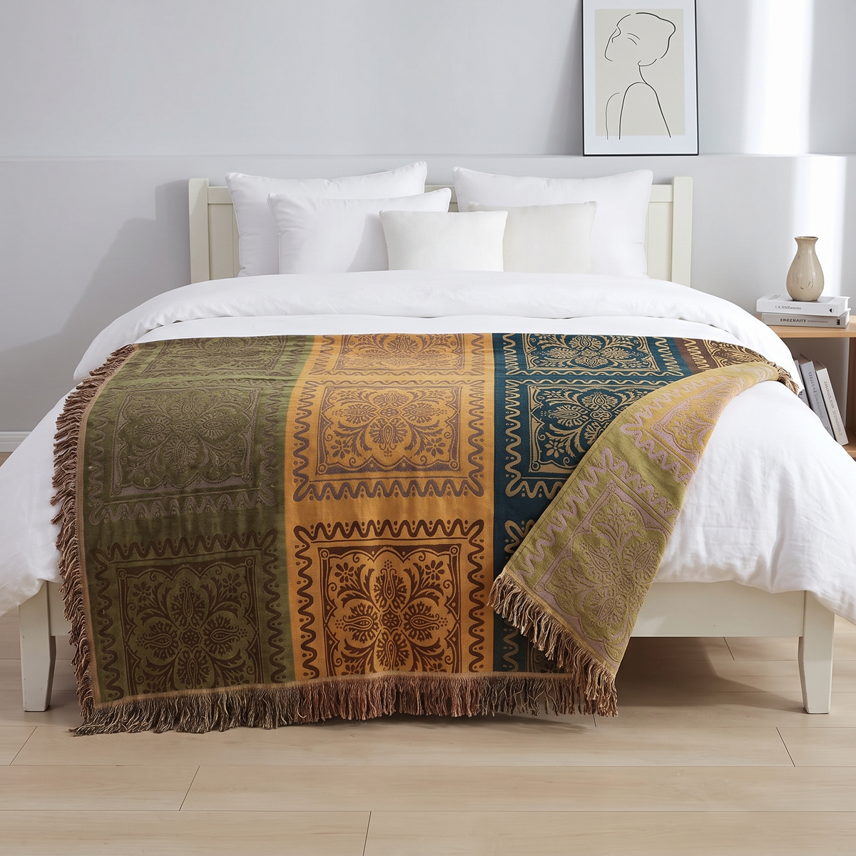 Paneled Medallion Oversized Cotton Blanket with Fringe - lifestyle