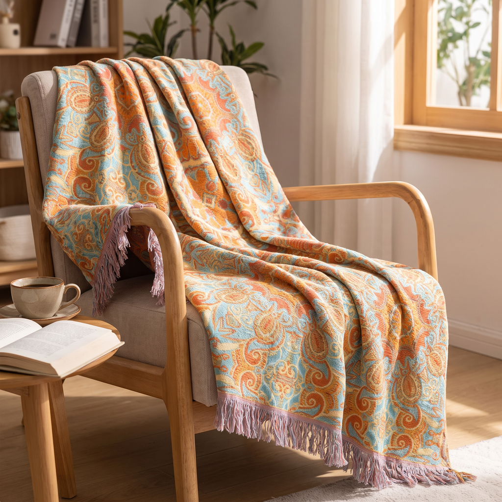 Coral & Aqua Paisley Medallion Tassel Blanket - lifestyle