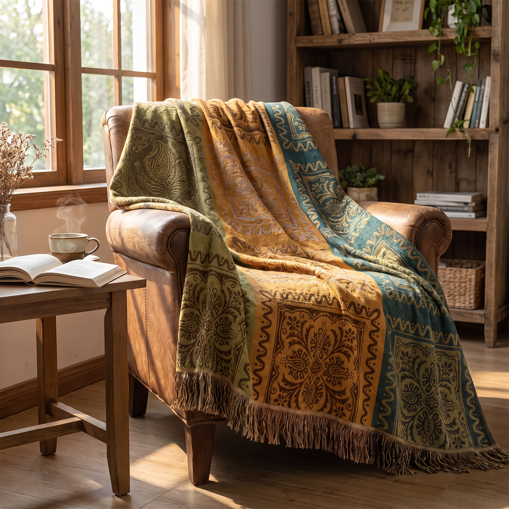 Paneled Medallion Oversized Cotton Blanket with Fringe - lifestyle