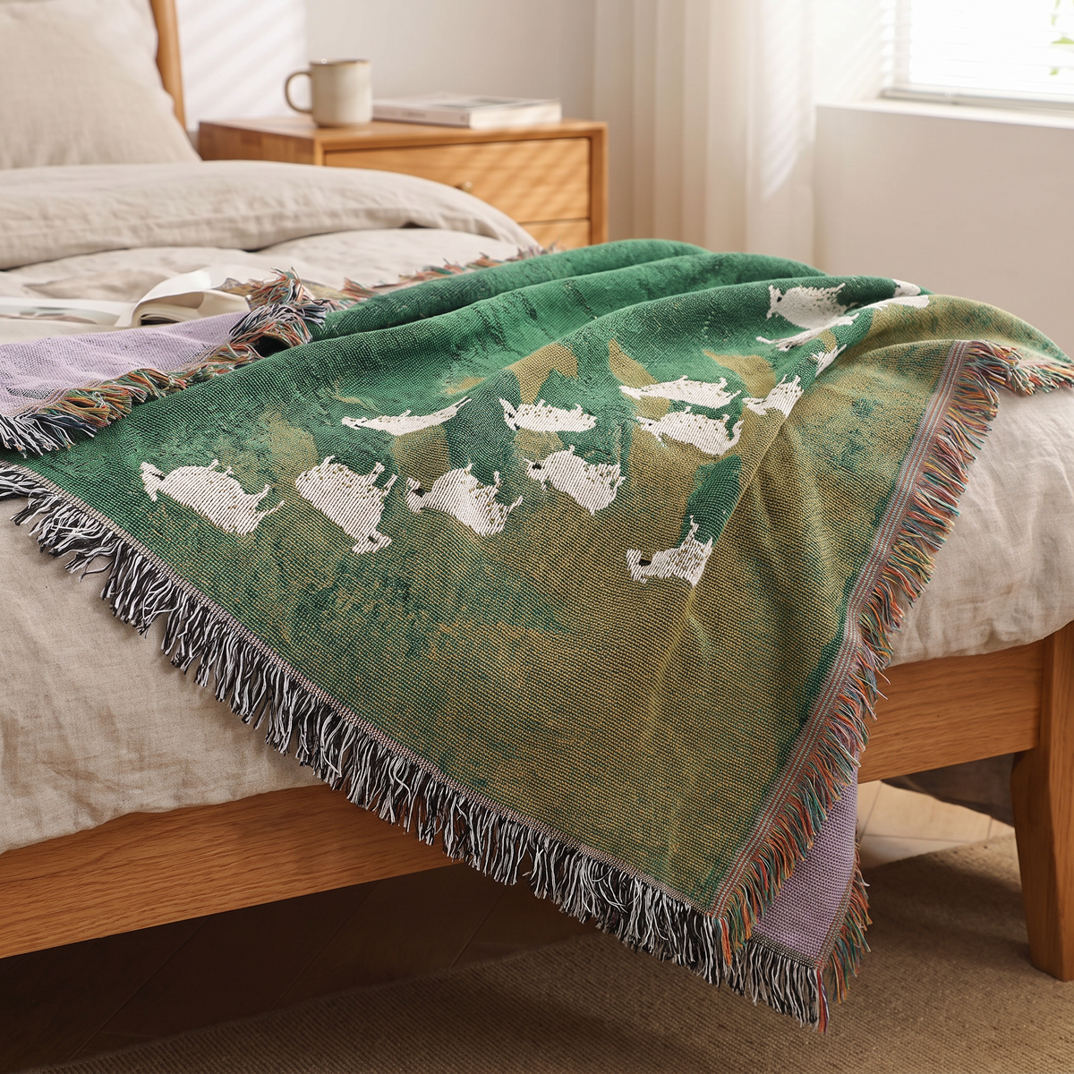 Green Gradient Sheep Woven Throw with Tassels - lifestyle