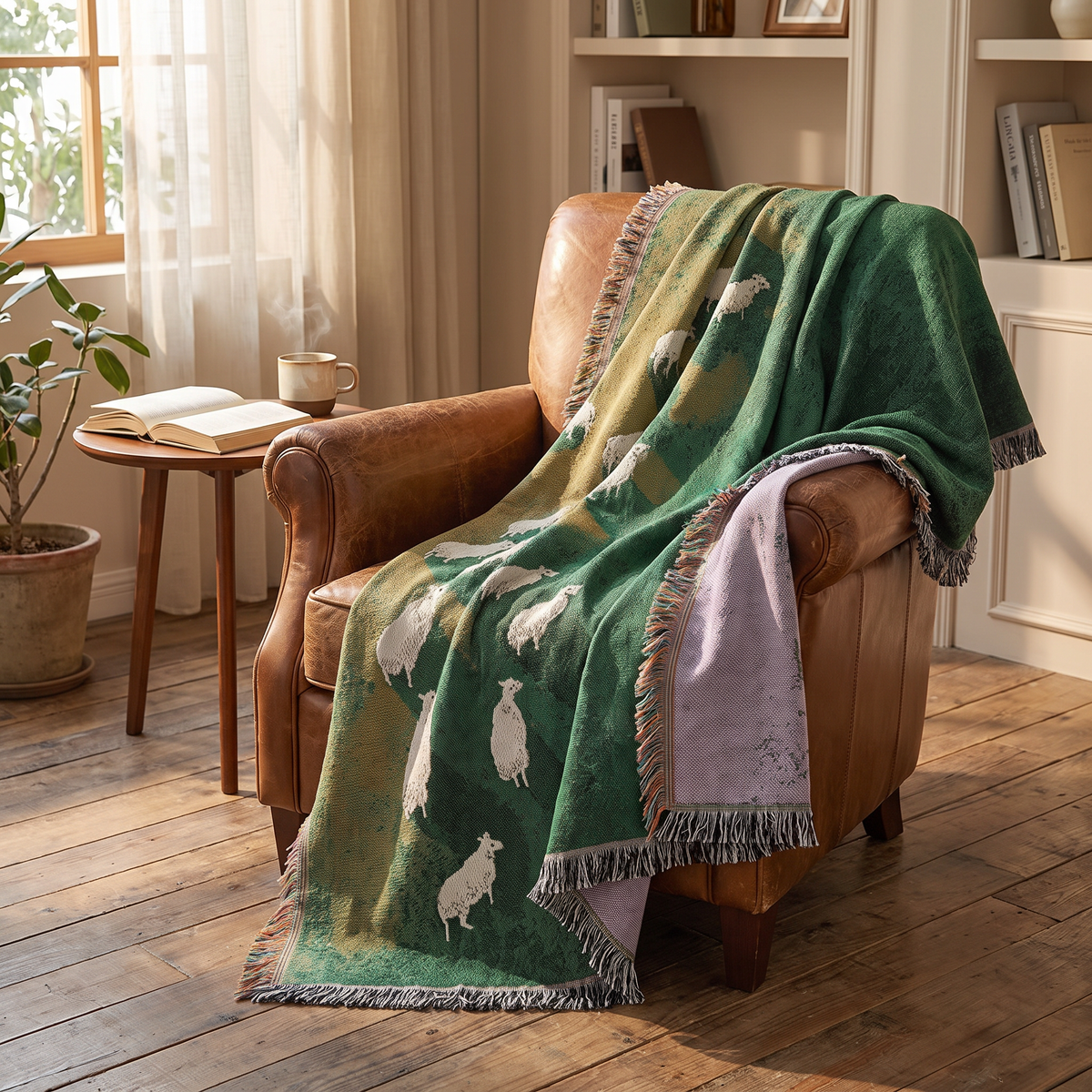 Green Gradient Sheep Woven Throw with Tassels - lifestyle