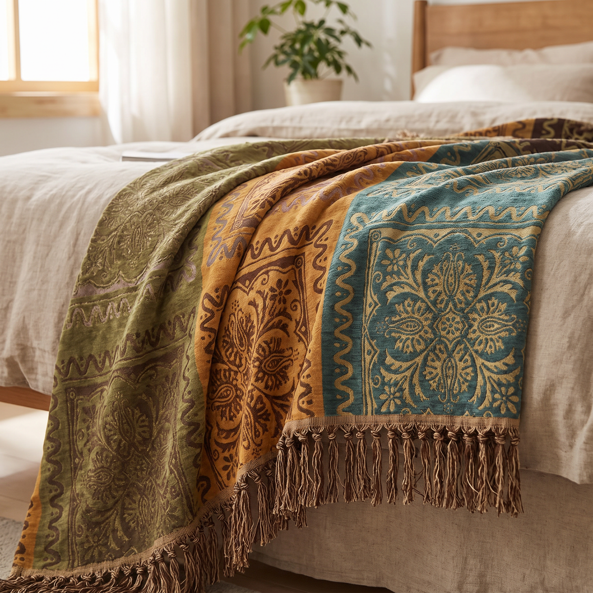 Paneled Medallion Oversized Cotton Blanket with Fringe - lifestyle
