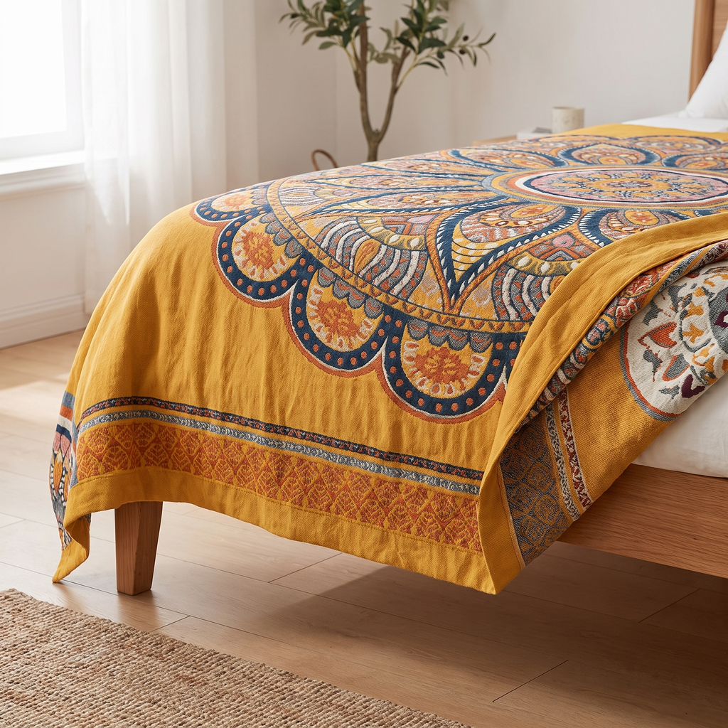 Bohemian Lotus Jacquard Reversible Cotton Blanket - lifestyle