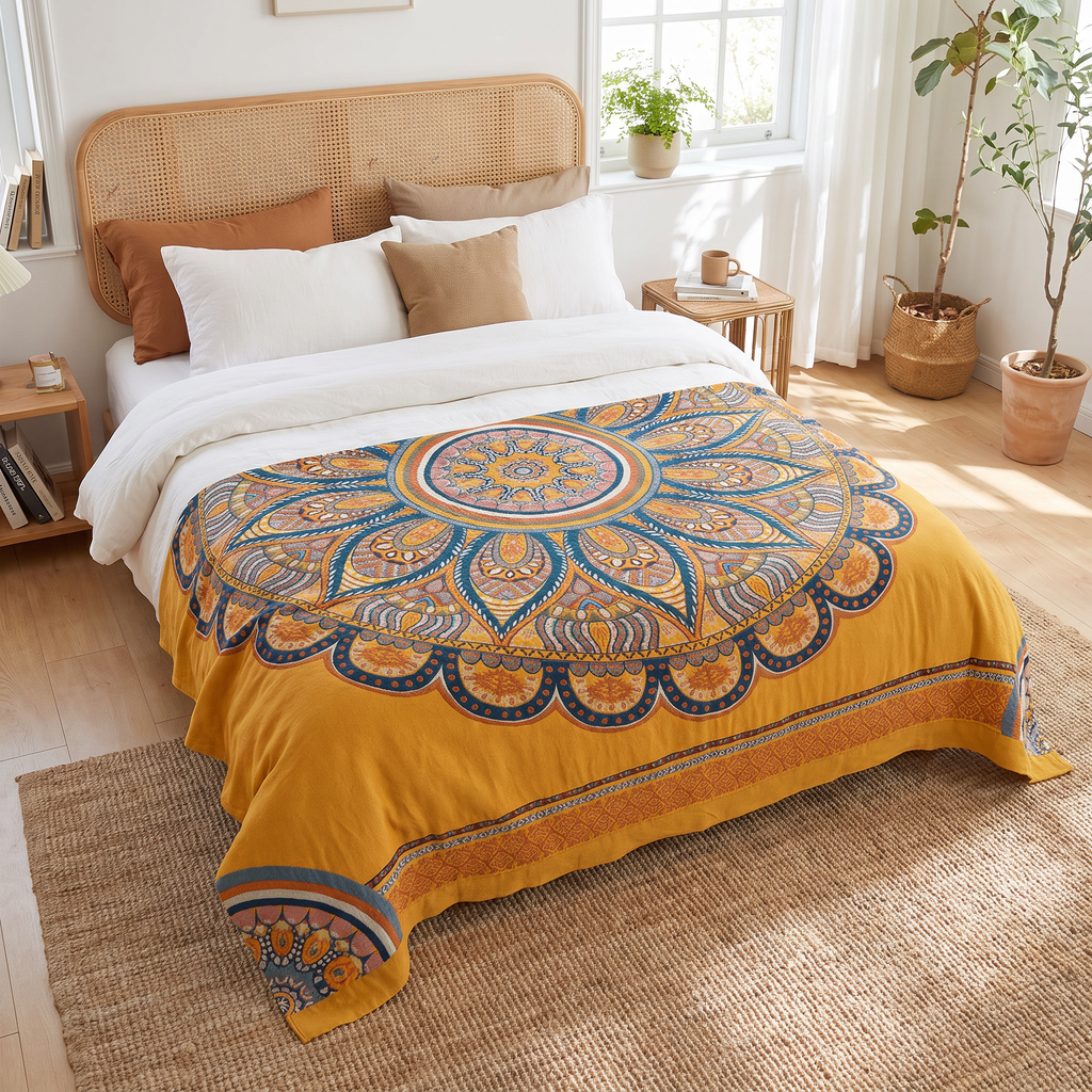 Bohemian Lotus Jacquard Reversible Cotton Blanket - lifestyle