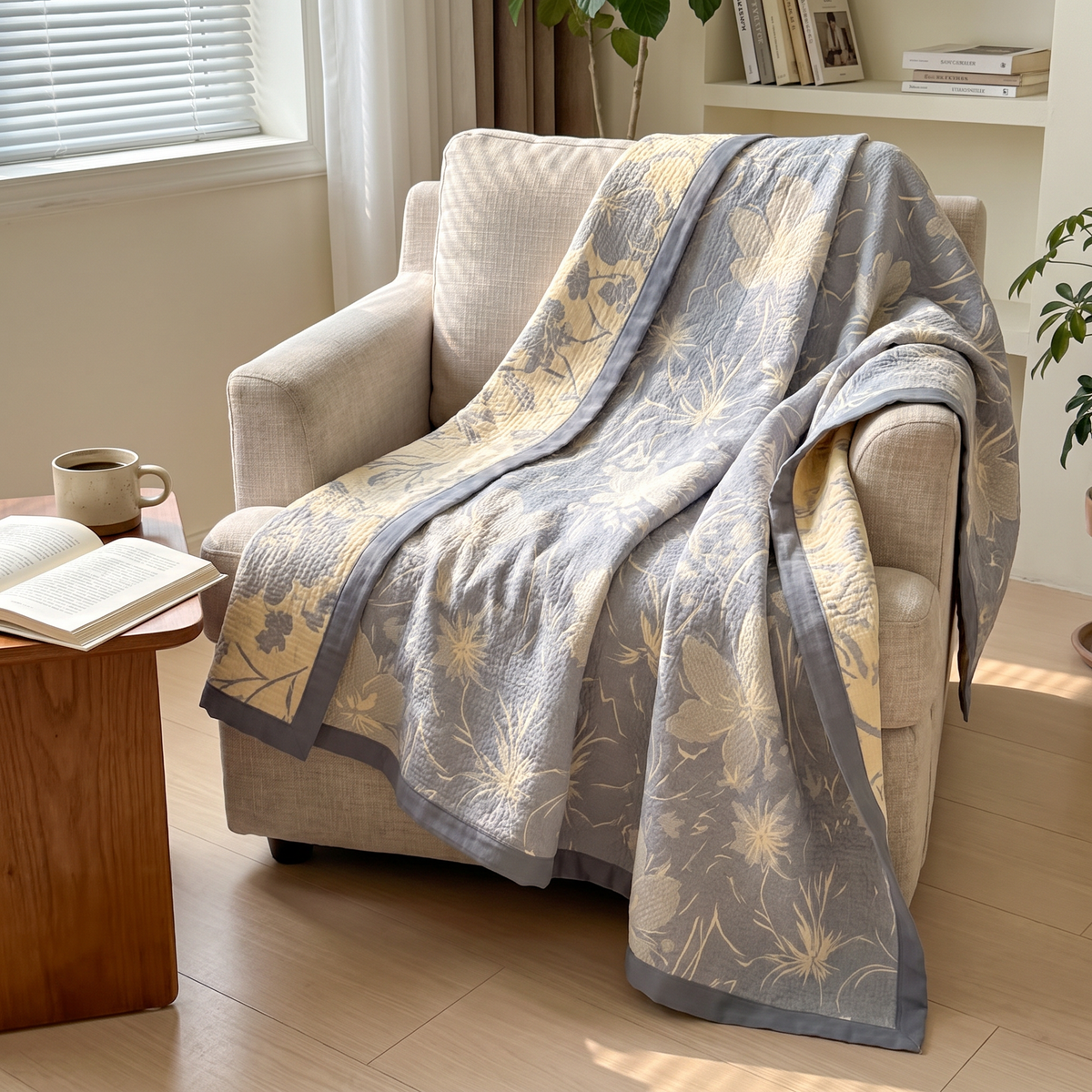 Gray Floral Triple-Layer Cotton Gauze Blanket - lifestyle
