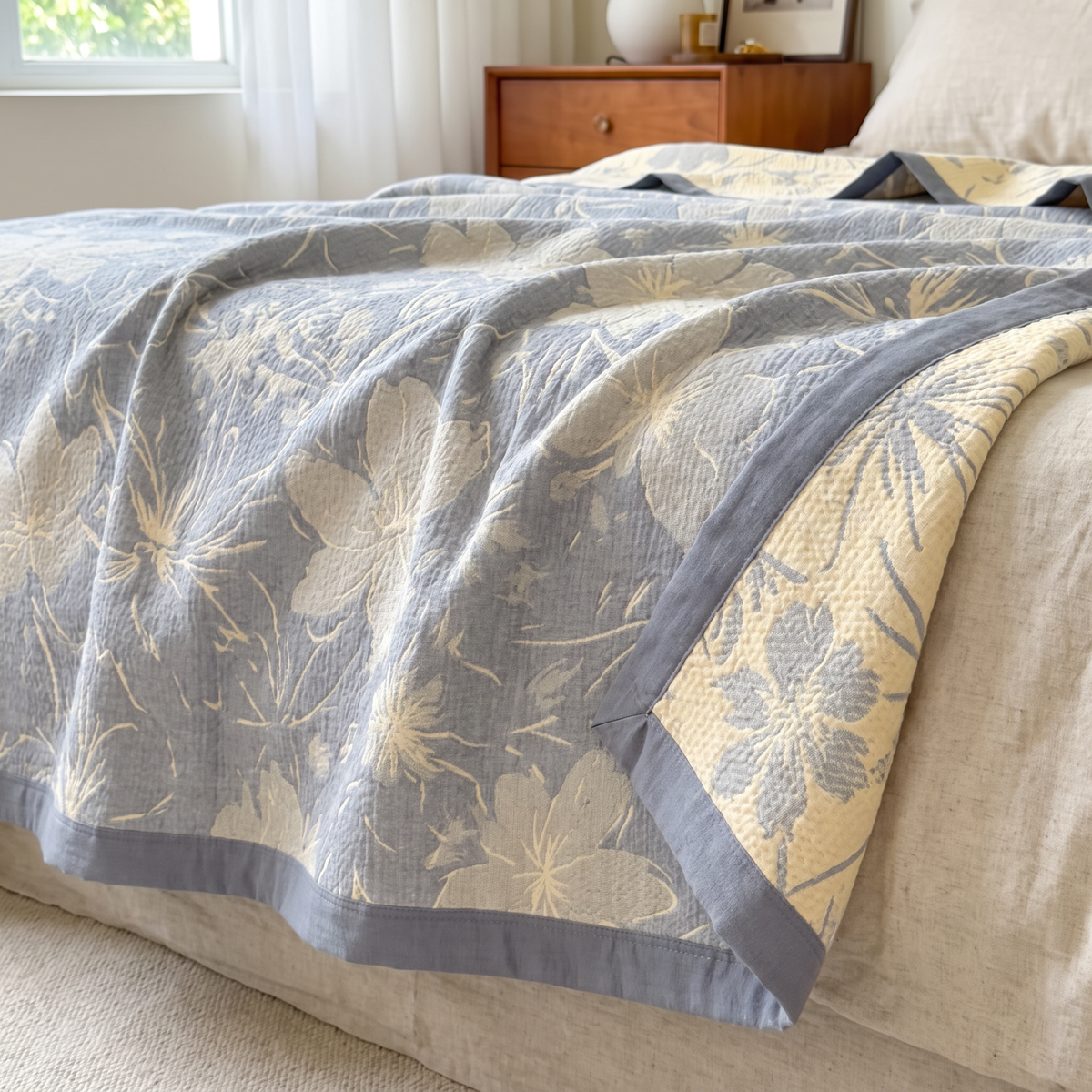 Gray Floral Triple-Layer Cotton Gauze Blanket - lifestyle