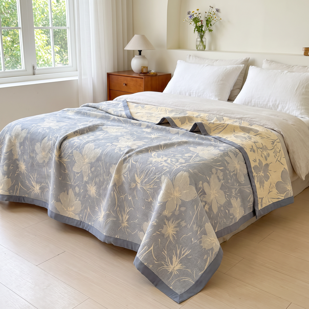 Gray Floral Triple-Layer Cotton Gauze Blanket - lifestyle