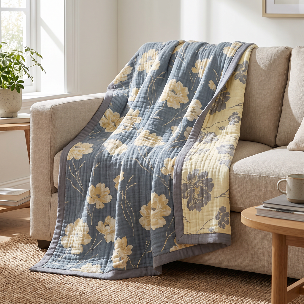 Gray Floral Triple-Layer Cotton Gauze Blanket - lifestyle