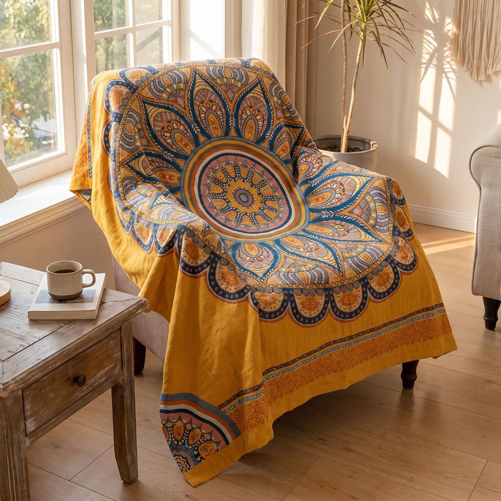 Bohemian Lotus Jacquard Reversible Cotton Blanket - lifestyle