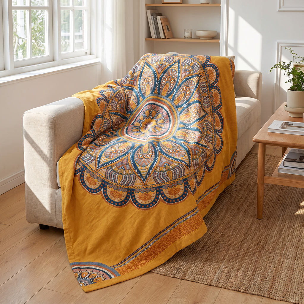 Bohemian Lotus Jacquard Reversible Cotton Blanket - lifestyle