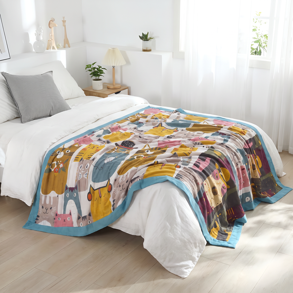 Patchwork Cartoon Cat Reversible Cotton Blanket - lifestyle