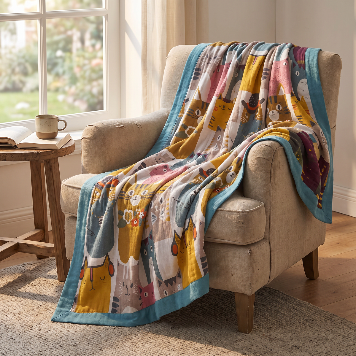Patchwork Cartoon Cat Reversible Cotton Blanket - lifestyle