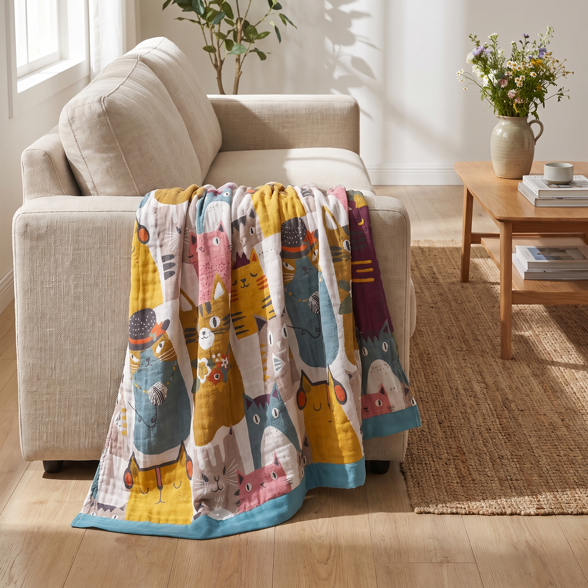 Patchwork Cartoon Cat Reversible Cotton Blanket - lifestyle