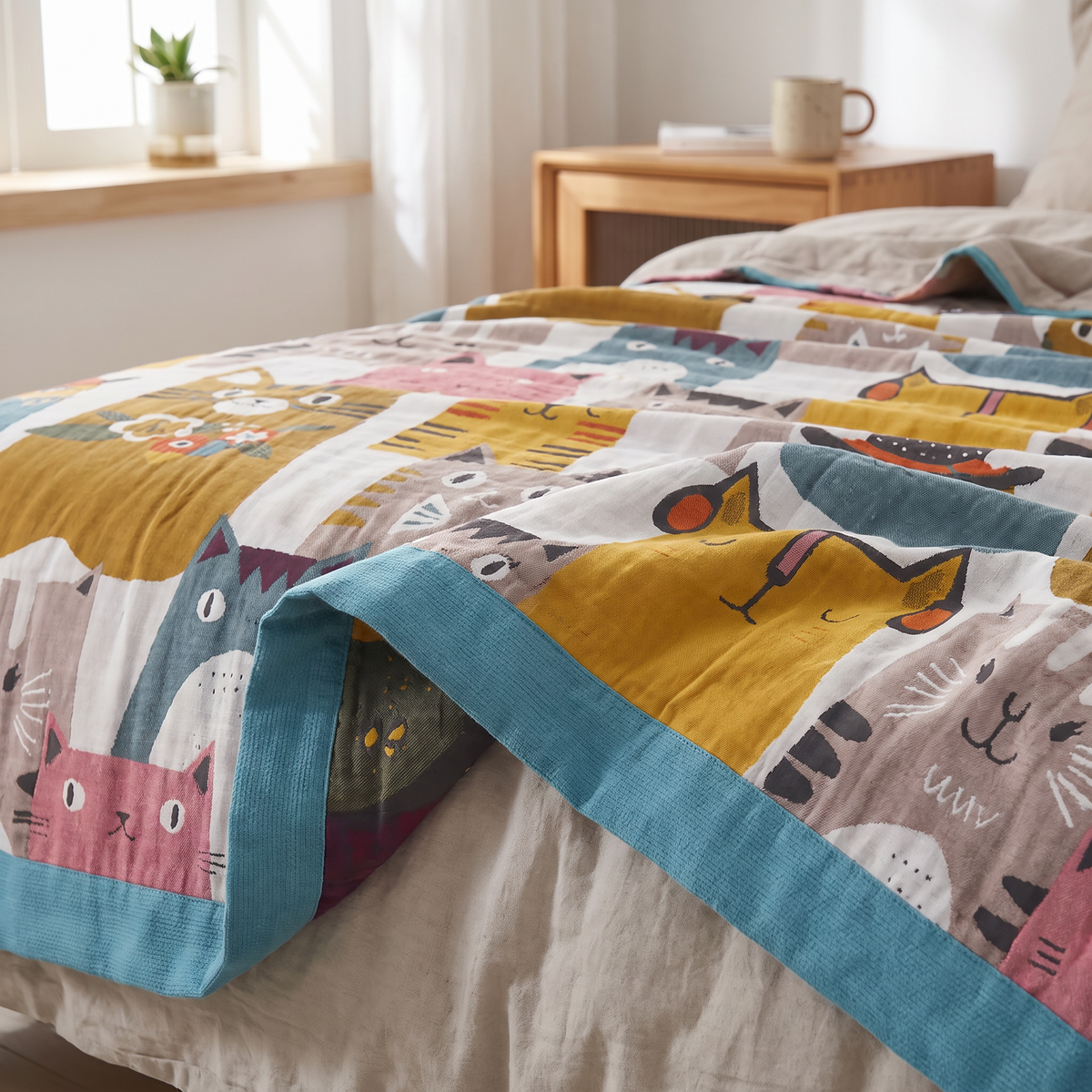Patchwork Cartoon Cat Reversible Cotton Blanket - lifestyle