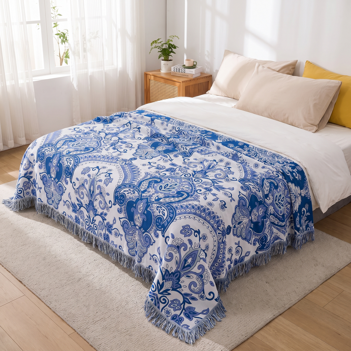 Cobalt Paisley Bloom Cotton Blanket with Tassels - lifestyle