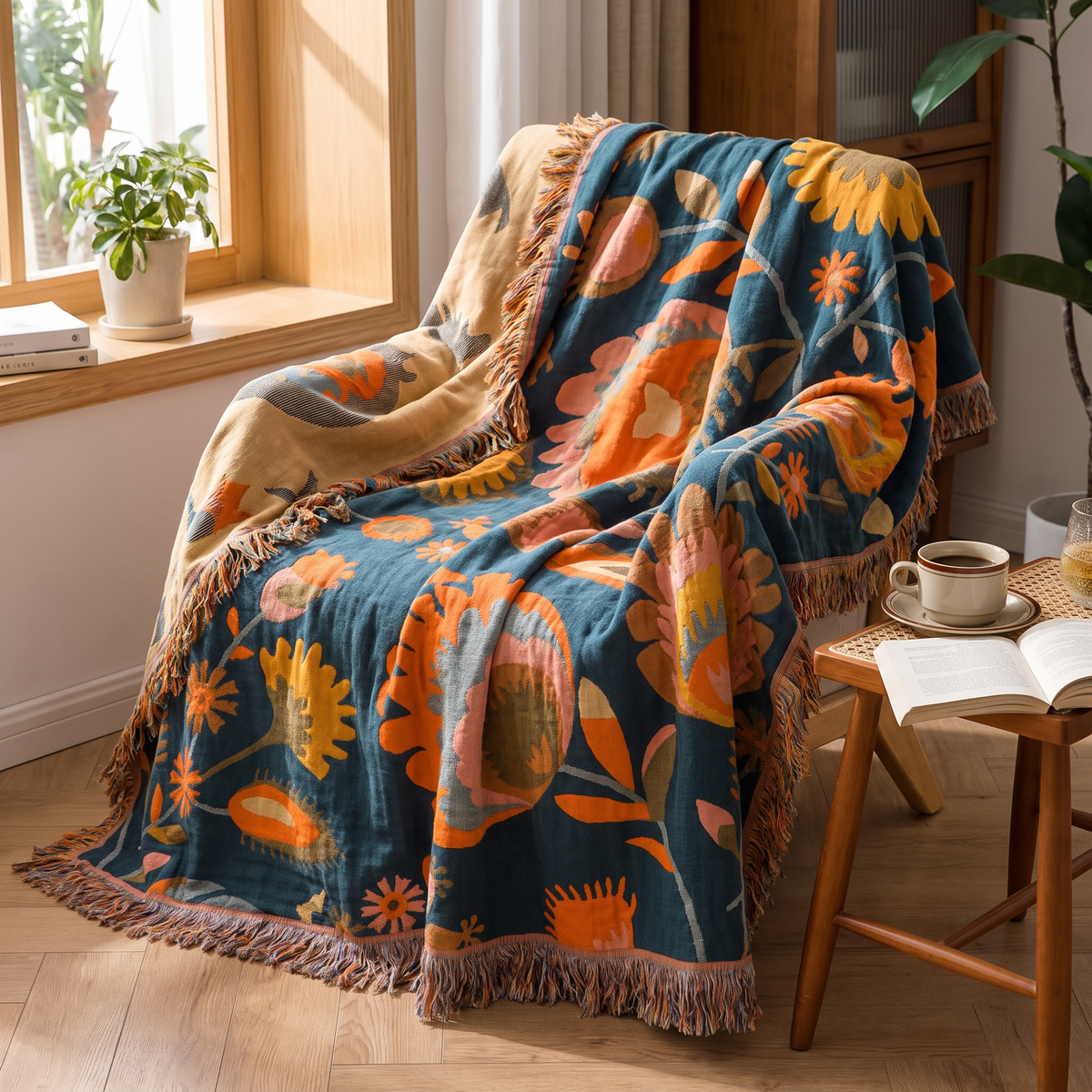 Big-Blossom Boho Cotton Throw with Fringe - lifestyle