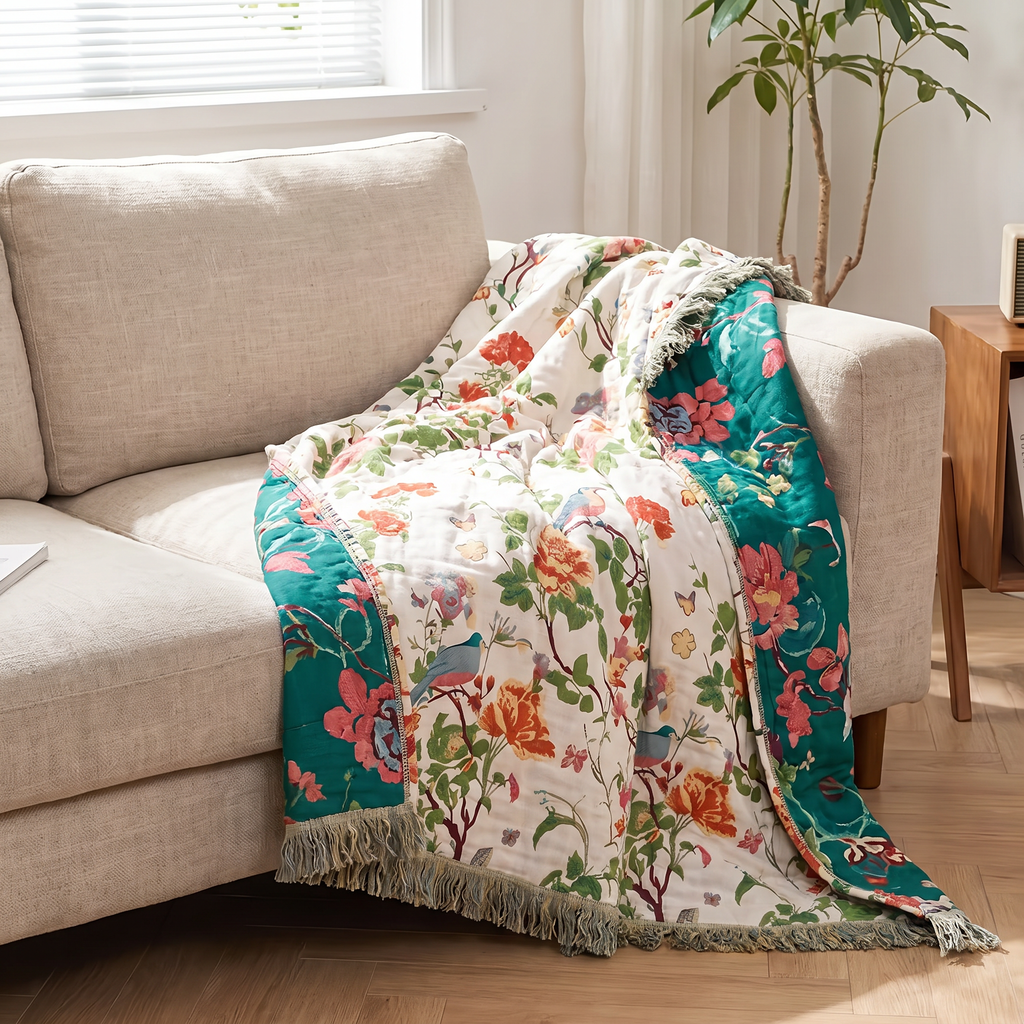 Peony & Songbird Reversible Cotton Blanket - lifestyle