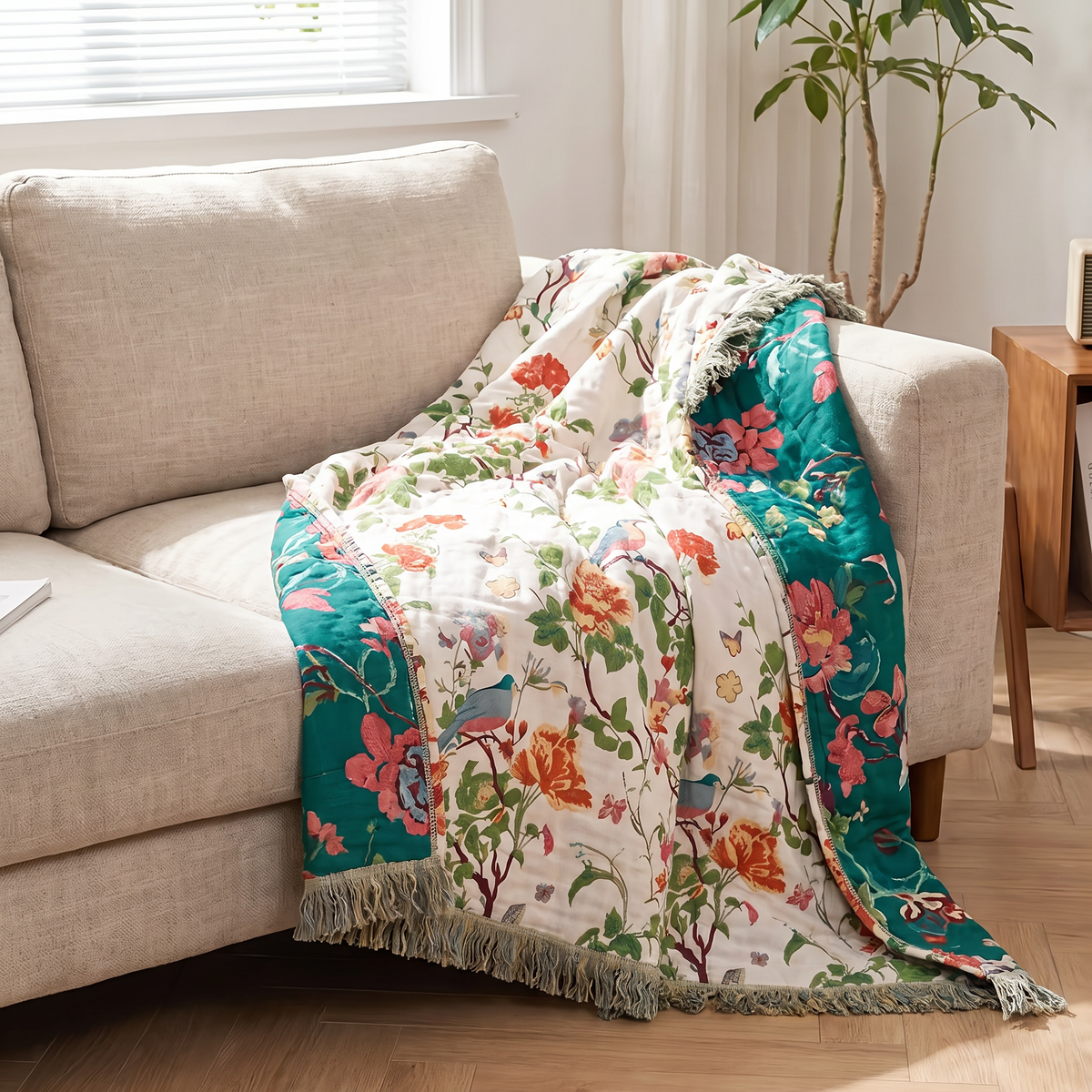 Peony & Songbird Reversible Cotton Blanket - lifestyle