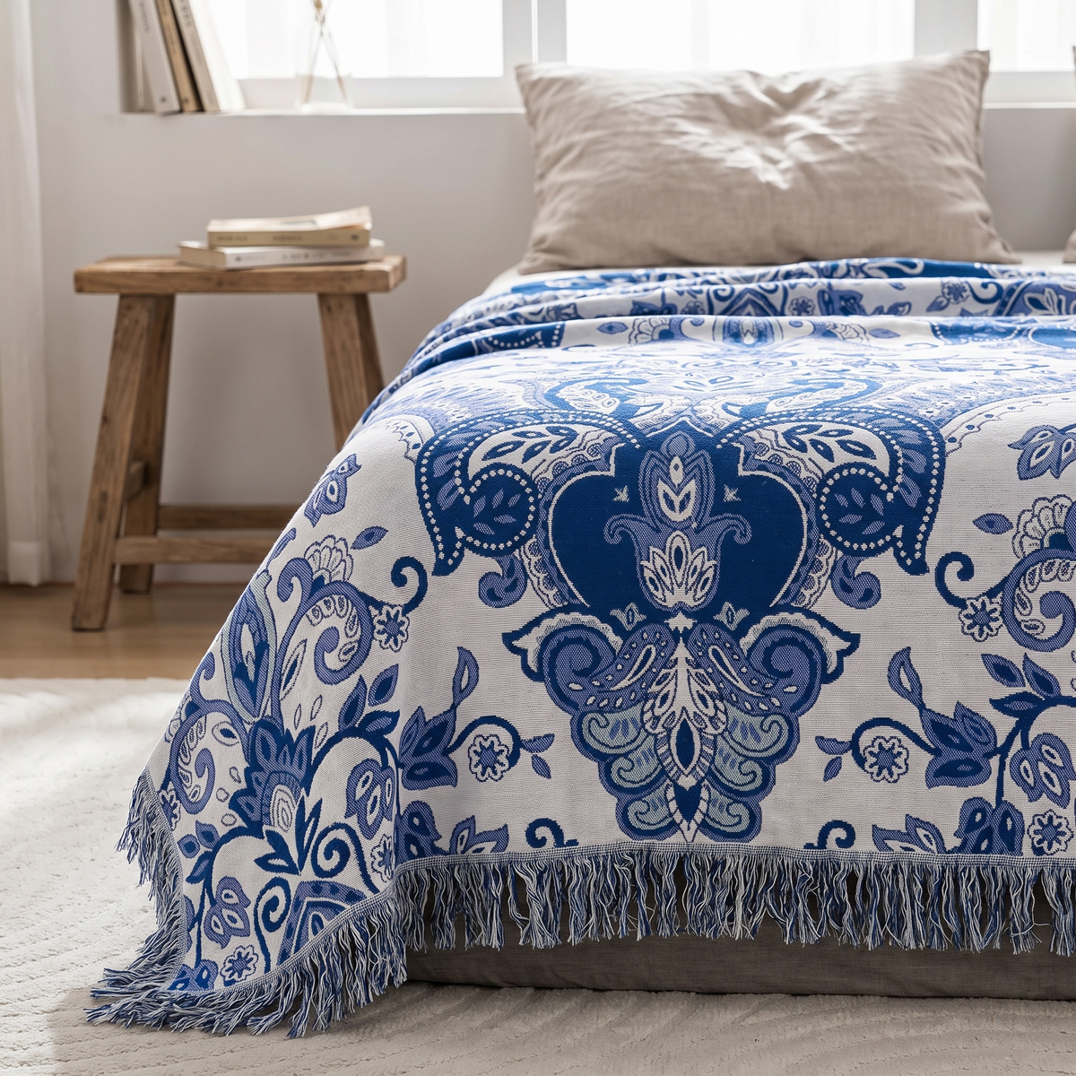 Cobalt Paisley Bloom Cotton Blanket with Tassels - lifestyle