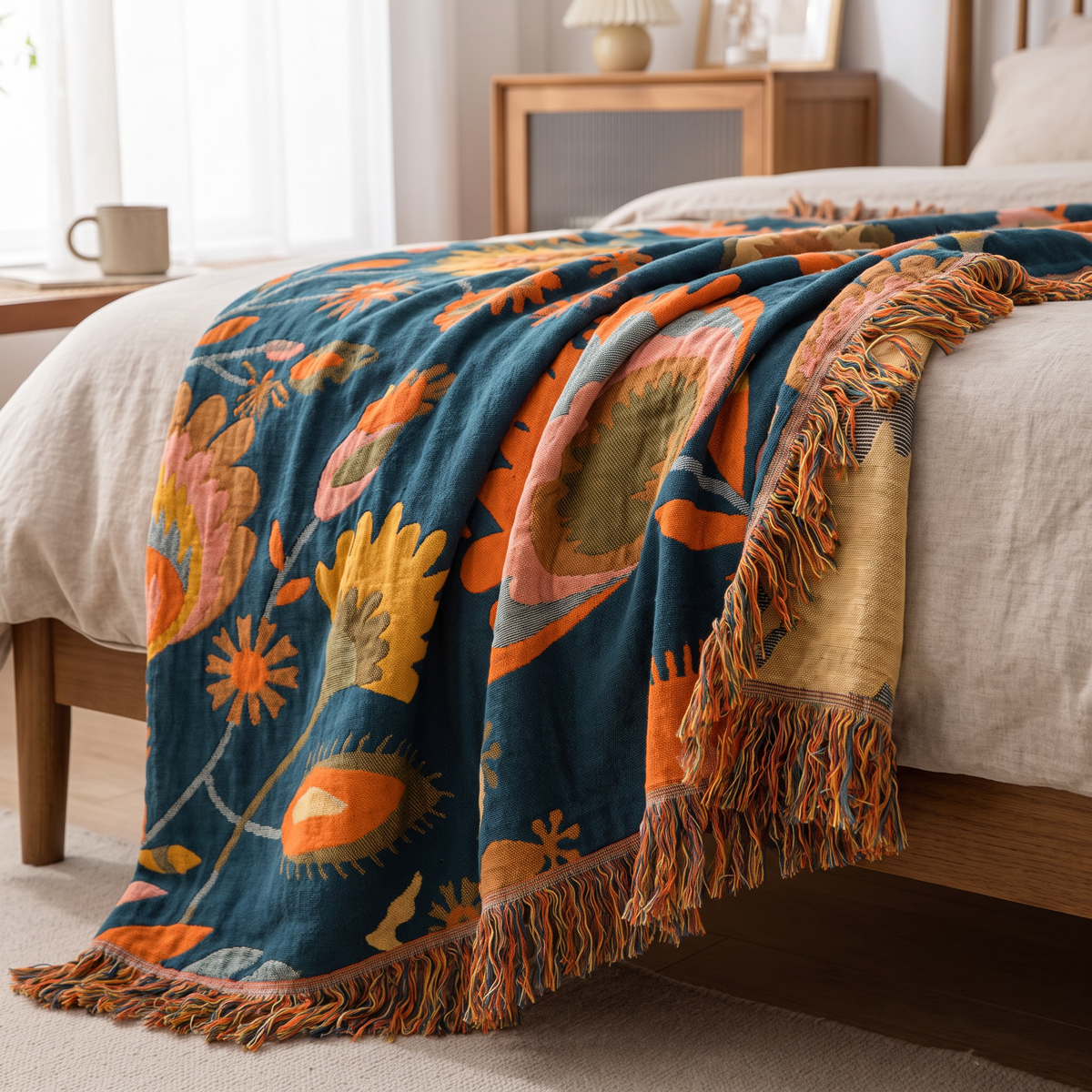 Big-Blossom Boho Cotton Throw with Fringe - lifestyle