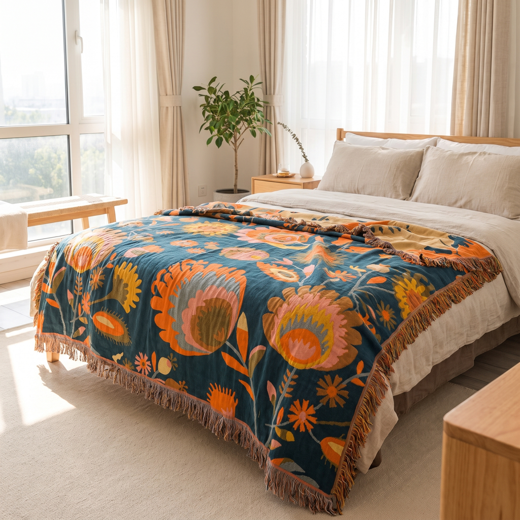 Big-Blossom Boho Cotton Throw with Fringe - lifestyle