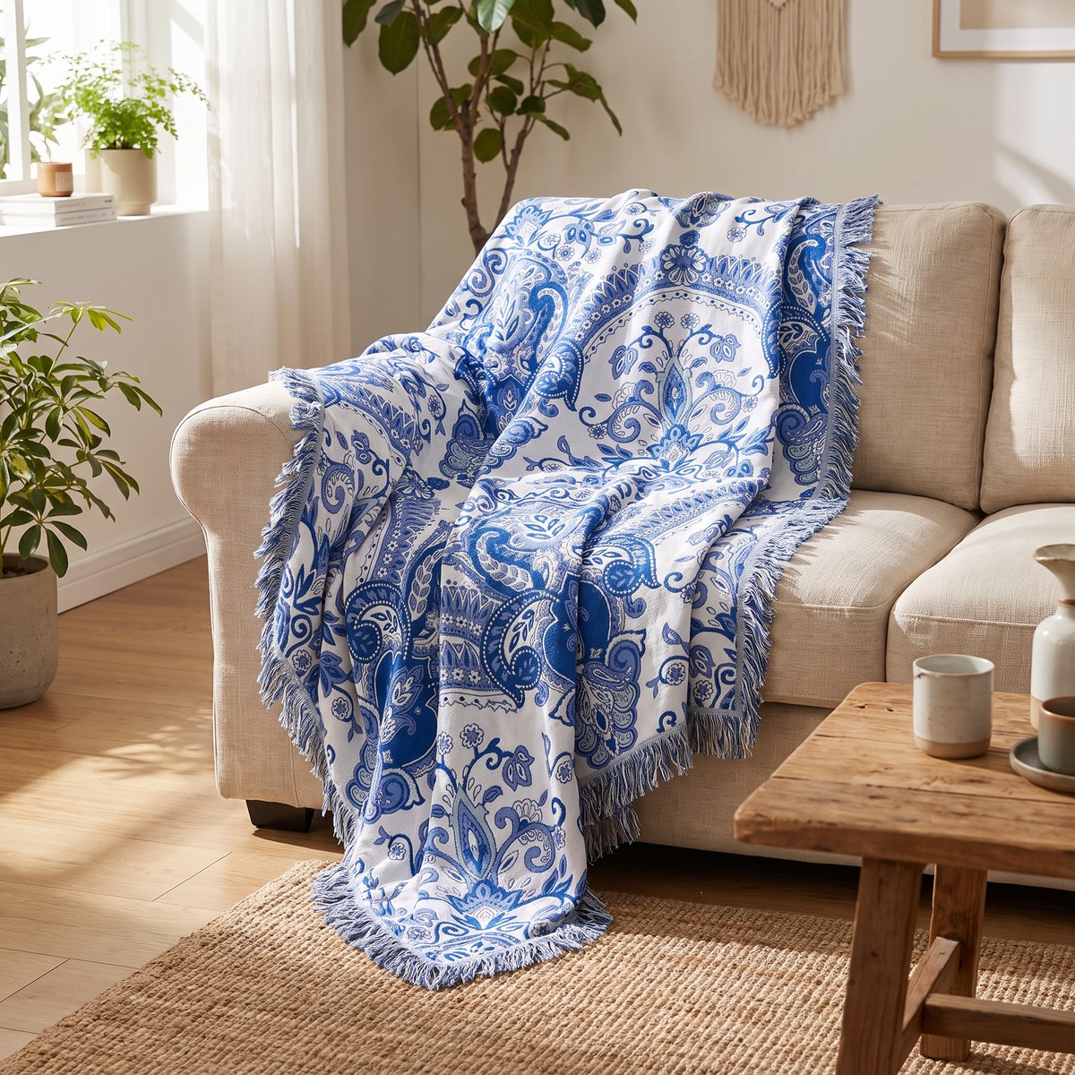 Cobalt Paisley Bloom Cotton Blanket with Tassels - lifestyle