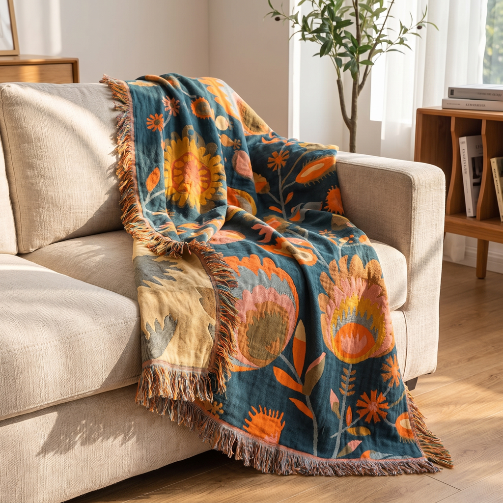 Big-Blossom Boho Cotton Throw with Fringe - lifestyle