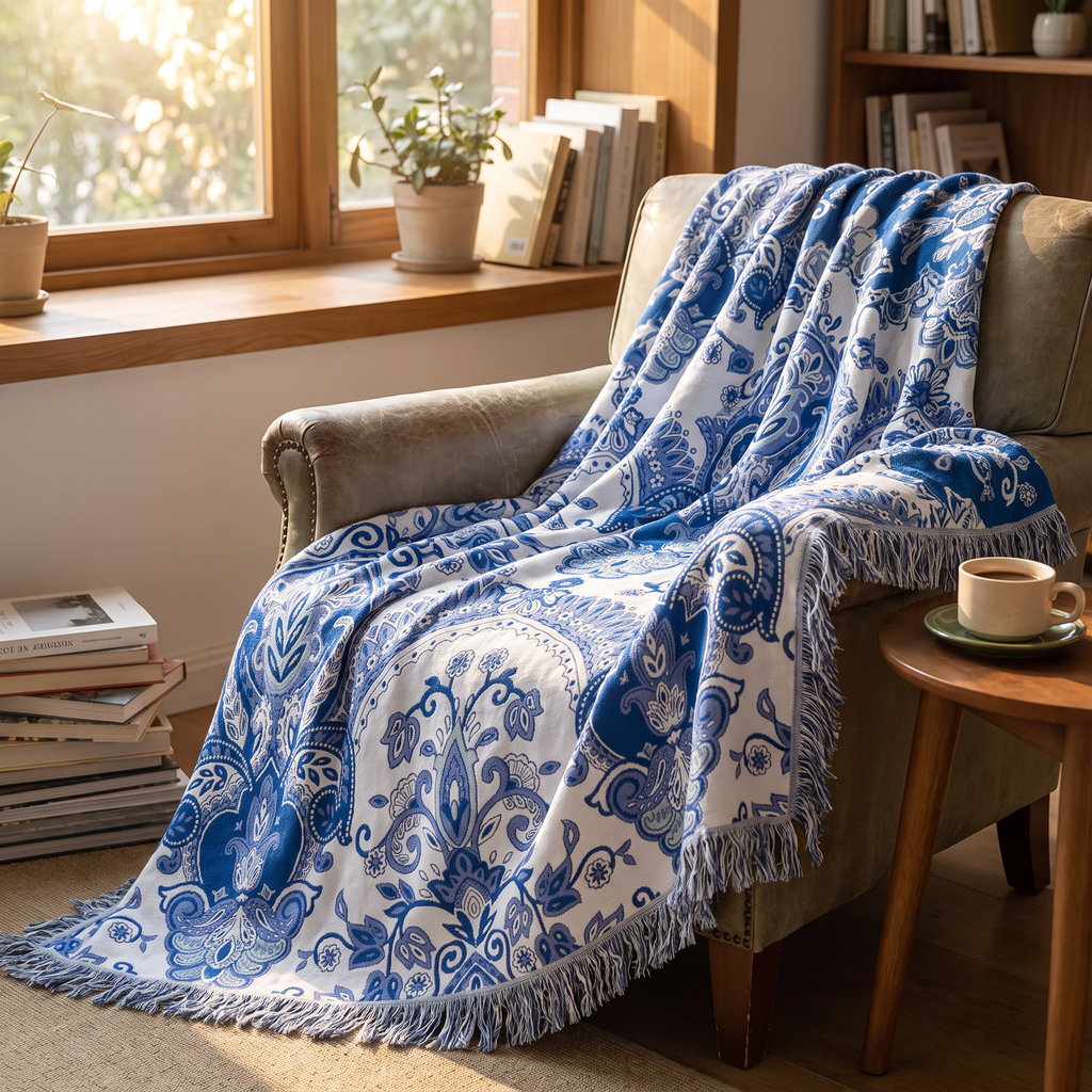 Cobalt Paisley Bloom Cotton Blanket with Tassels - lifestyle
