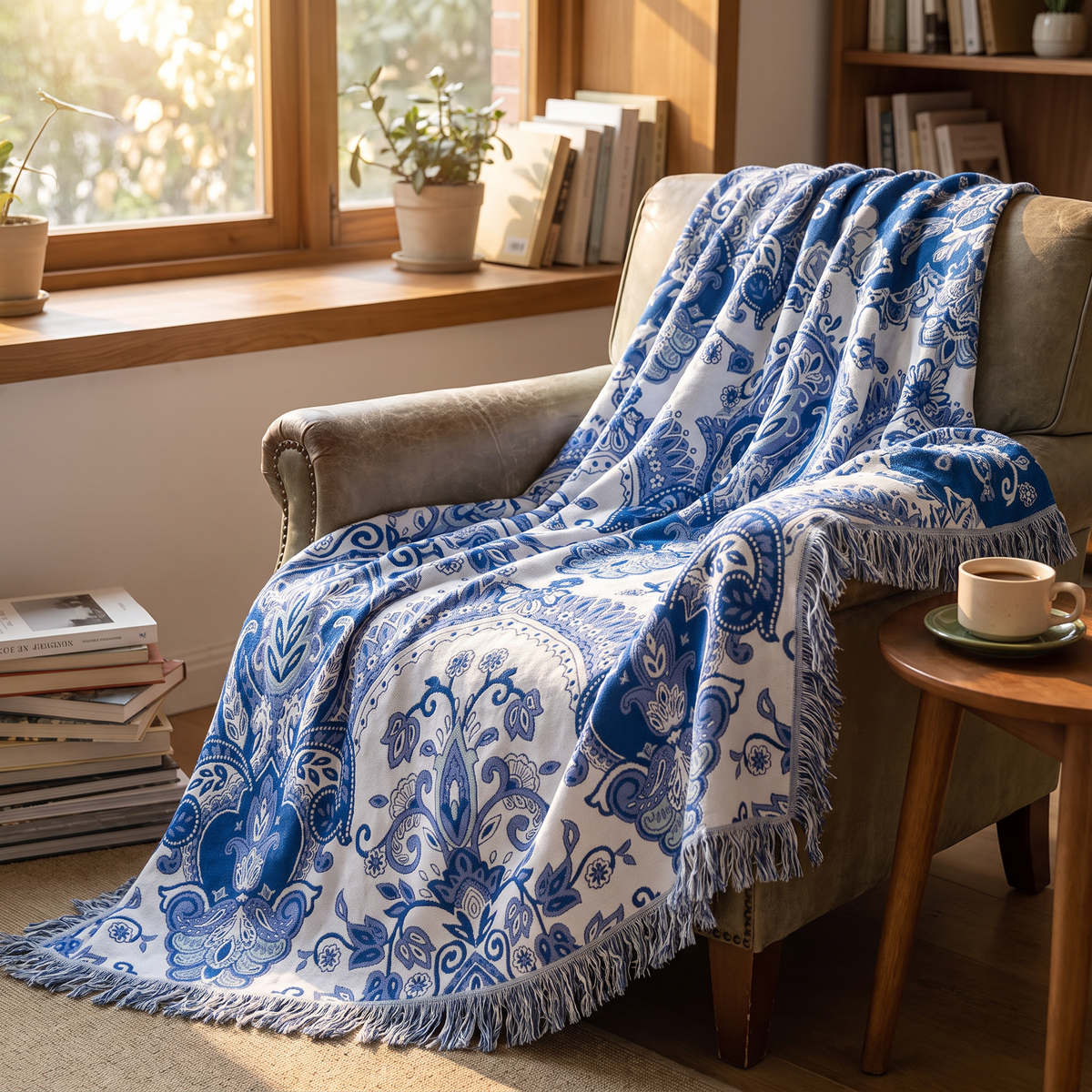 Cobalt Paisley Bloom Cotton Blanket with Tassels - lifestyle