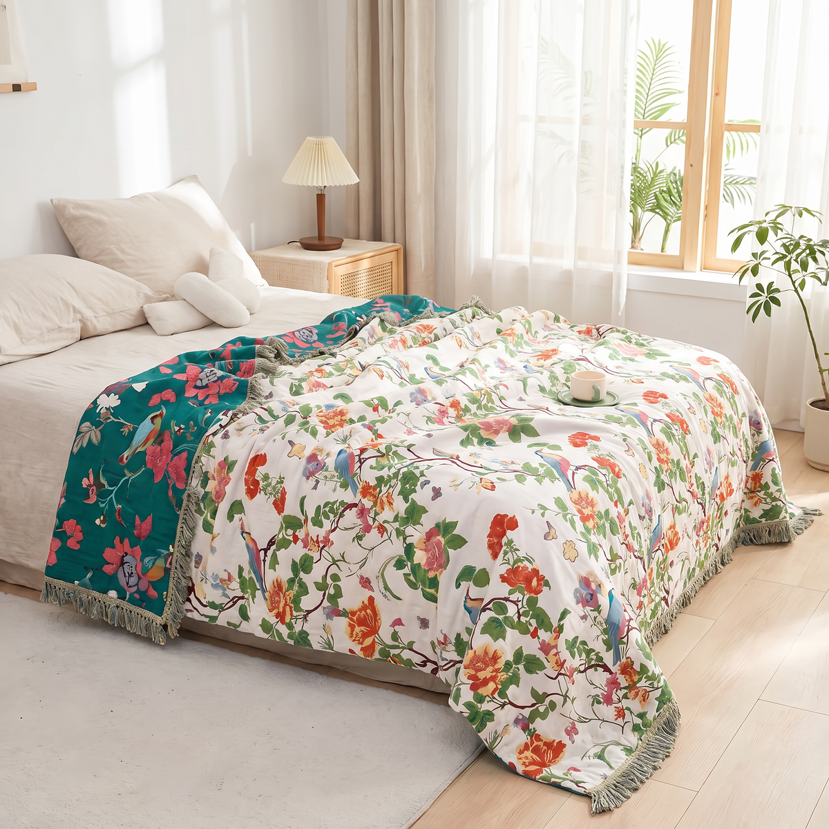 Peony & Songbird Reversible Cotton Blanket - lifestyle