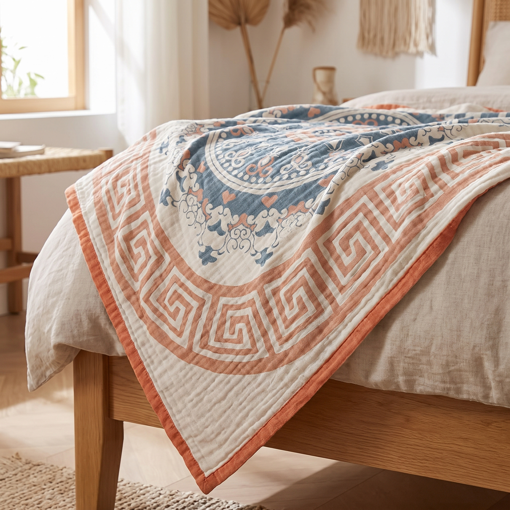 Greek-Key Mandala Plain-Weave Cotton Blanket - lifestyle