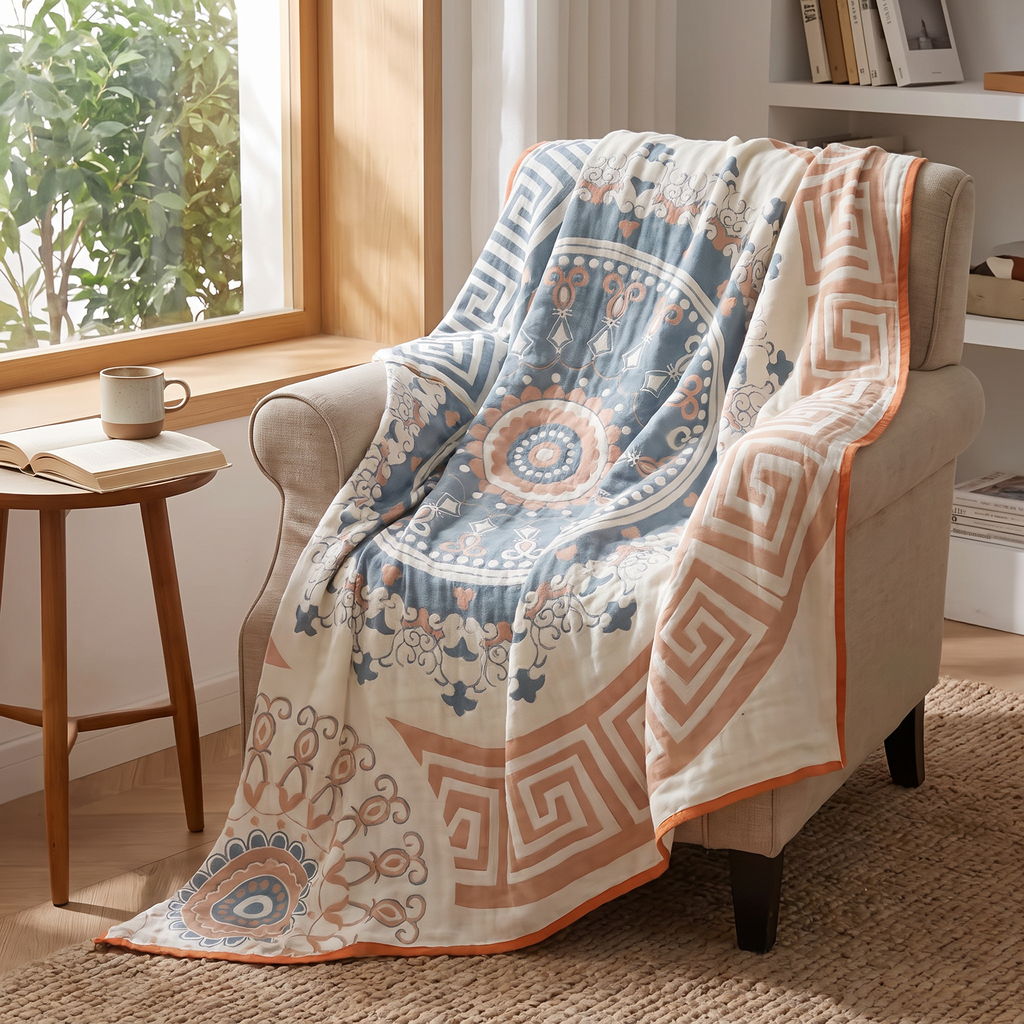 Greek-Key Mandala Plain-Weave Cotton Blanket - lifestyle