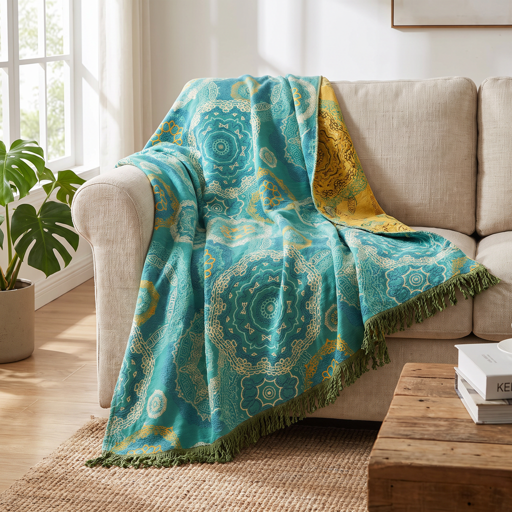 Turquoise Mandala Lightweight Four-Season Cotton Blanket - lifestyle