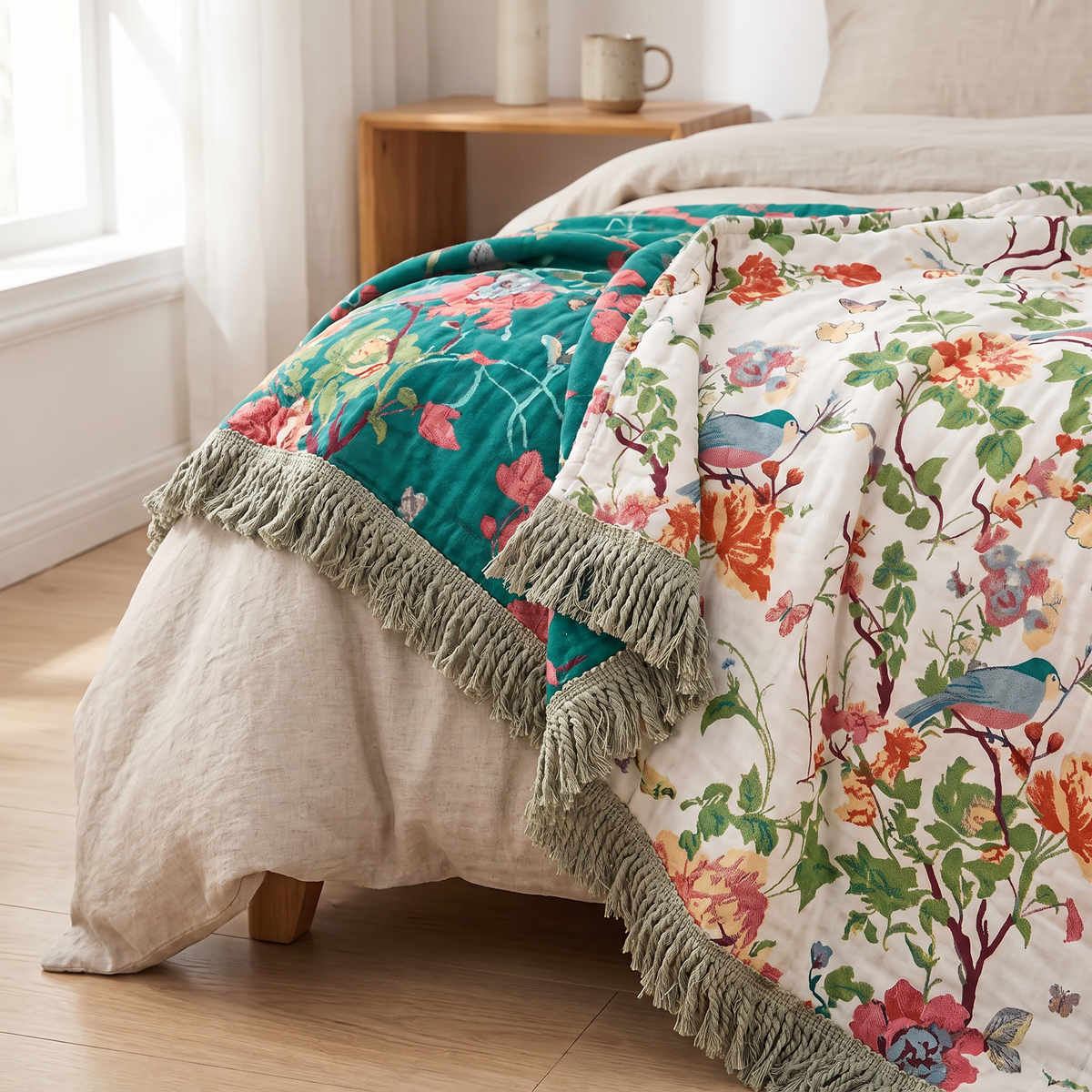Peony & Songbird Reversible Cotton Blanket - lifestyle