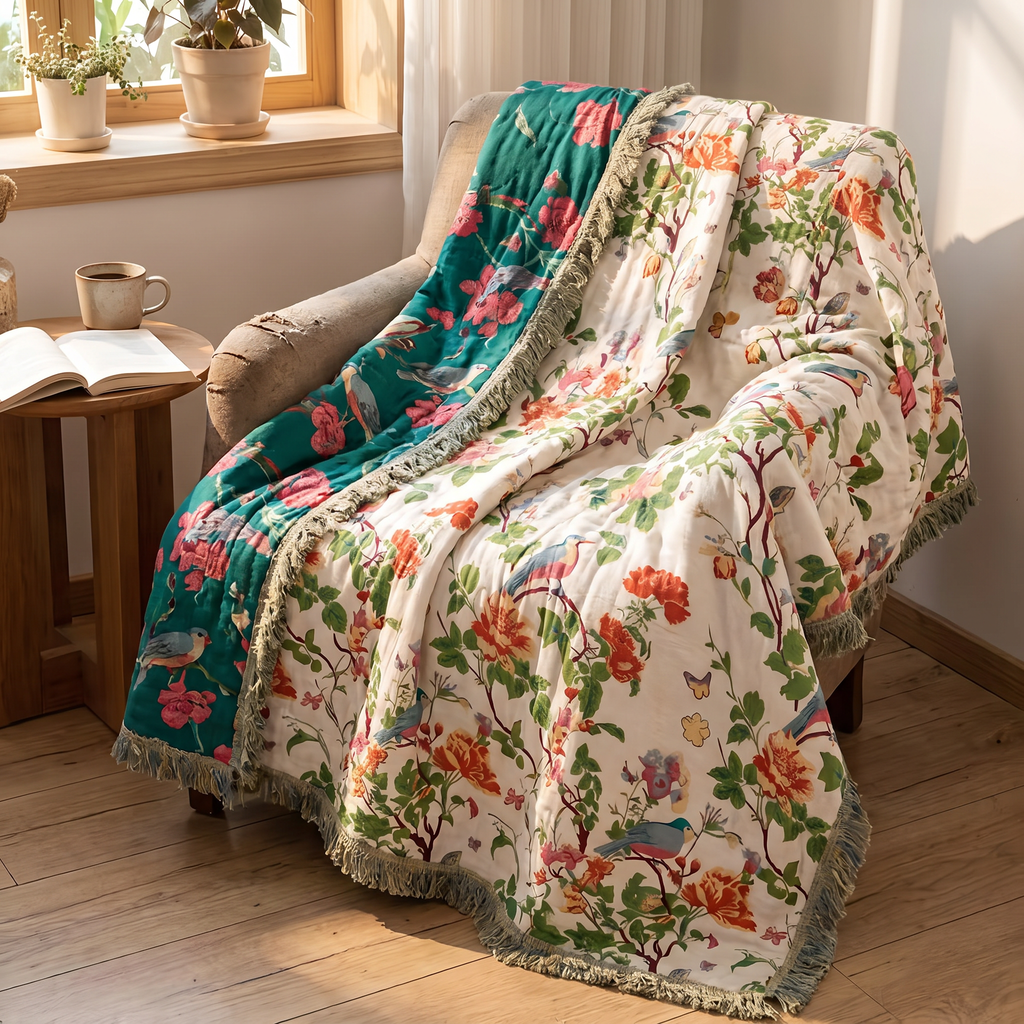Peony & Songbird Reversible Cotton Blanket - lifestyle
