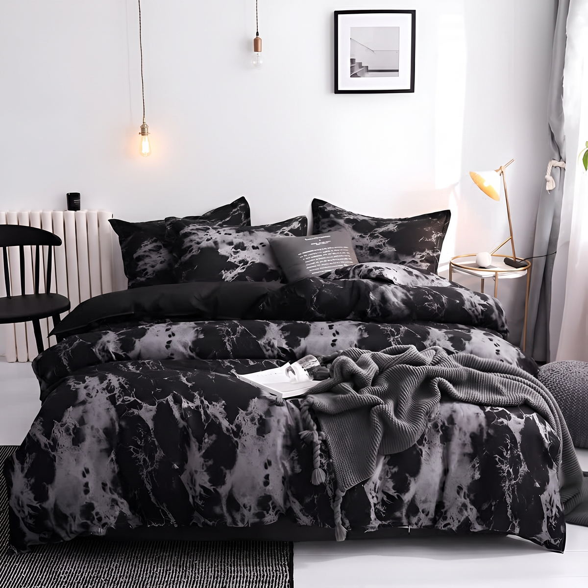 Black Marble Print Duvet Cover Set, 3 Pieces - lifestyle