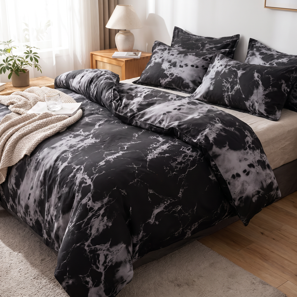 Black Marble Print Duvet Cover Set, 3 Pieces - lifestyle
