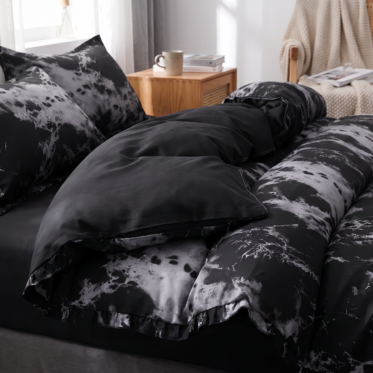 Black Marble Print Duvet Cover Set, 3 Pieces - lifestyle