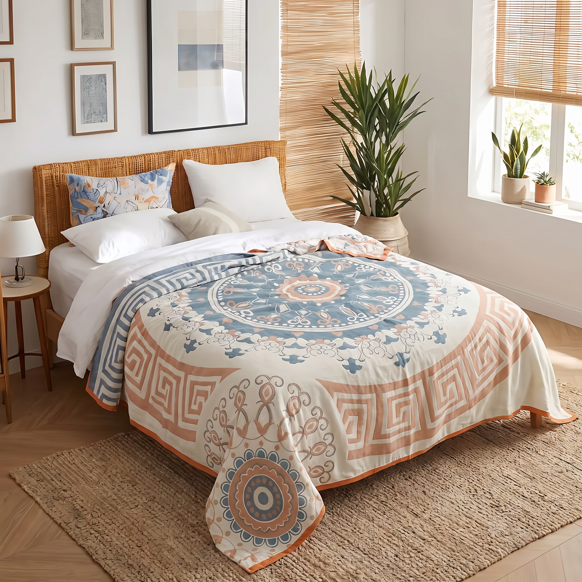 Greek-Key Mandala Plain-Weave Cotton Blanket - lifestyle