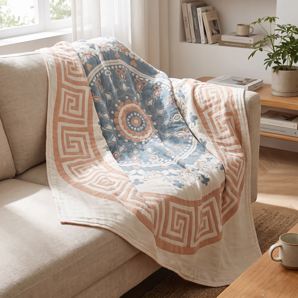 Greek-Key Mandala Plain-Weave Cotton Blanket - lifestyle
