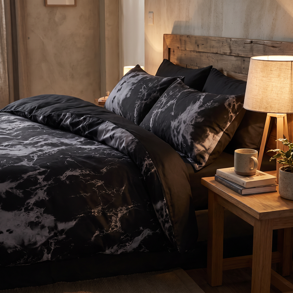 Black Marble Print Duvet Cover Set, 3 Pieces - lifestyle